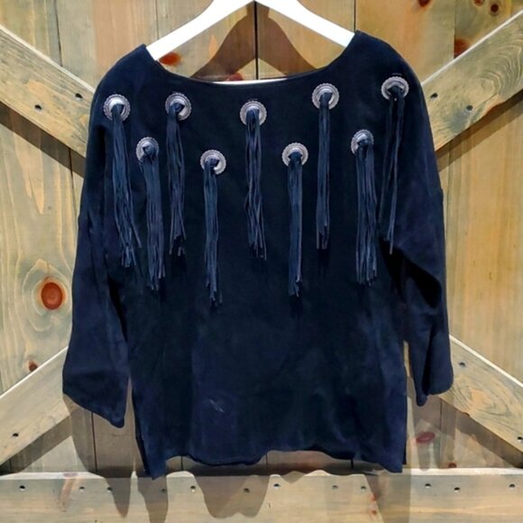 Vintage Tops - VINTAGE AUSTIN COLLECTION BLACK LEATHER TOP COWGIRL SOUTHWESTERN FRINGE